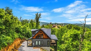 A modern cabin with a sloped roof, surrounded by dense forest and a view of a small village in the distance.