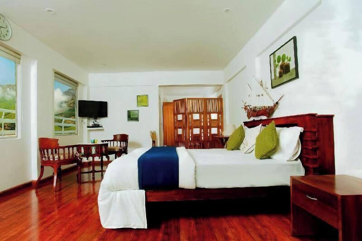 A hotel room with a wooden bed, a TV, a desk, and a chair.