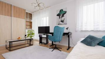 Desk, iron/ironing board, travel crib, WiFi