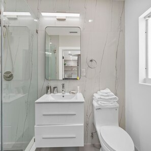 Ein modernes Badezimmer mit Duschkabine aus Glas, einem weißen Waschtisch mit Spüle und Spiegel sowie einer Toilette.