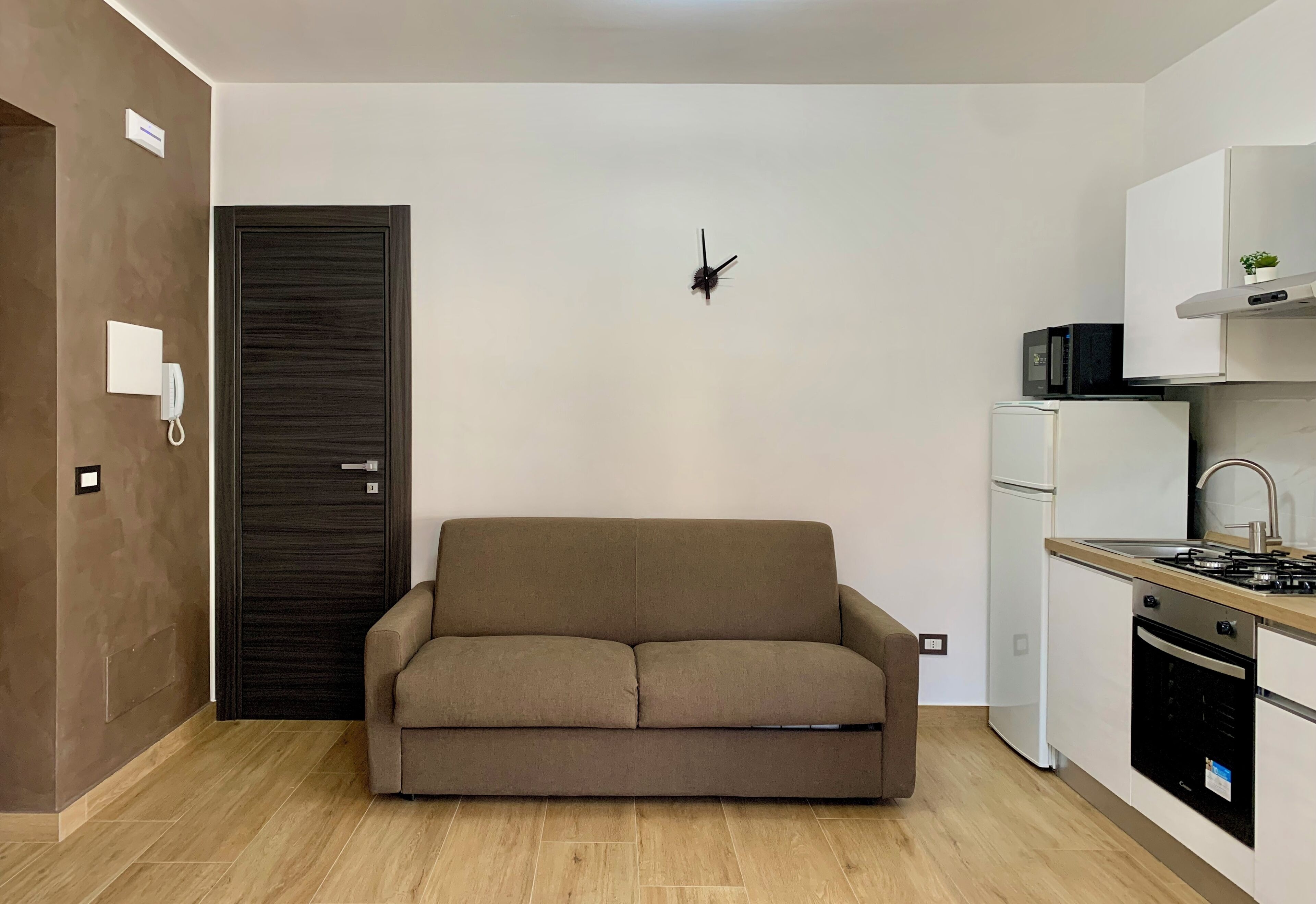 A compact living space with a sofa, a dark wooden door, a white refrigerator, and a small kitchen area with a stove and microwave.