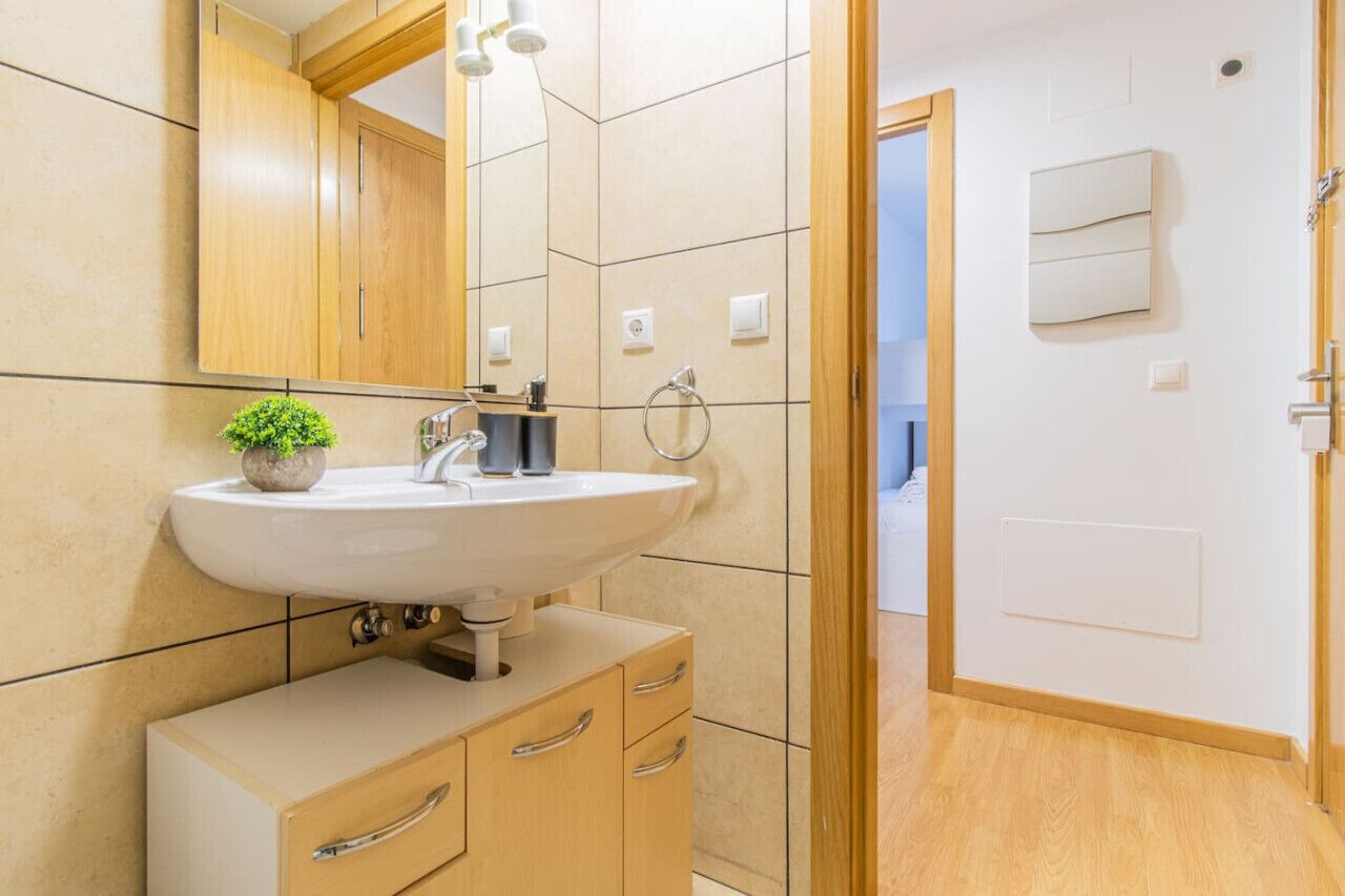 A modern bathroom with a large sink, wooden cabinets, a mirror, and a potted plant.