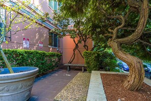 Un pati amb una gran jardiniera, una banca i un arbre.