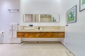 Shower, hair dryer, towels