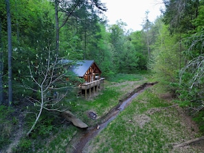 A cabin with a deck, surrounded by dense forest.