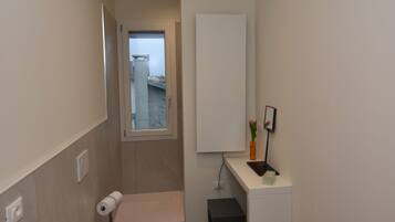 Shower, hair dryer, bidet, towels