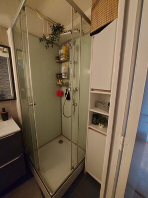 Sèche-cheveux, serviettes fournies, savon, shampoing