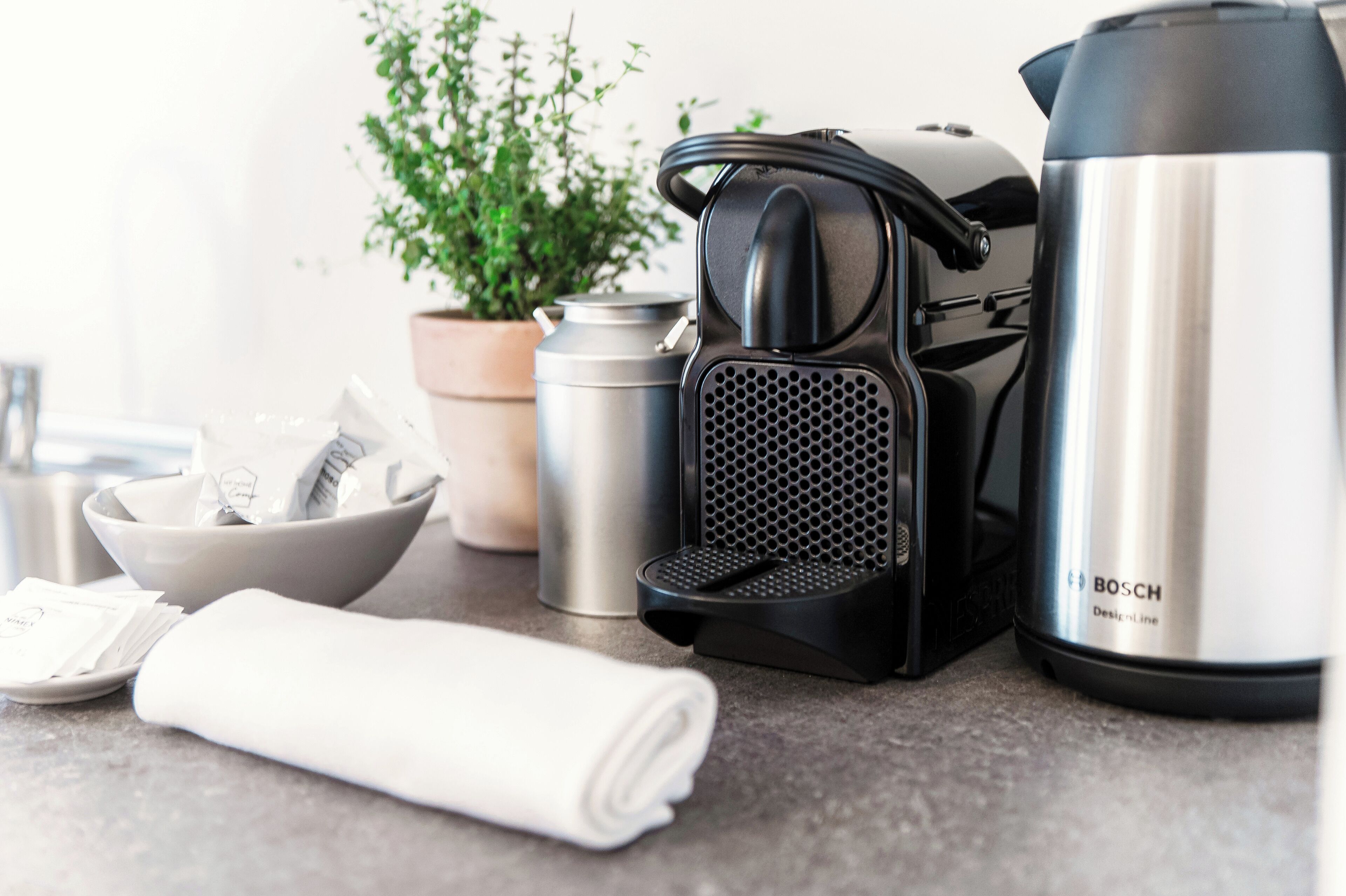 A kitchen with a coffee maker, a kettle, a bowl, and a potted plant.