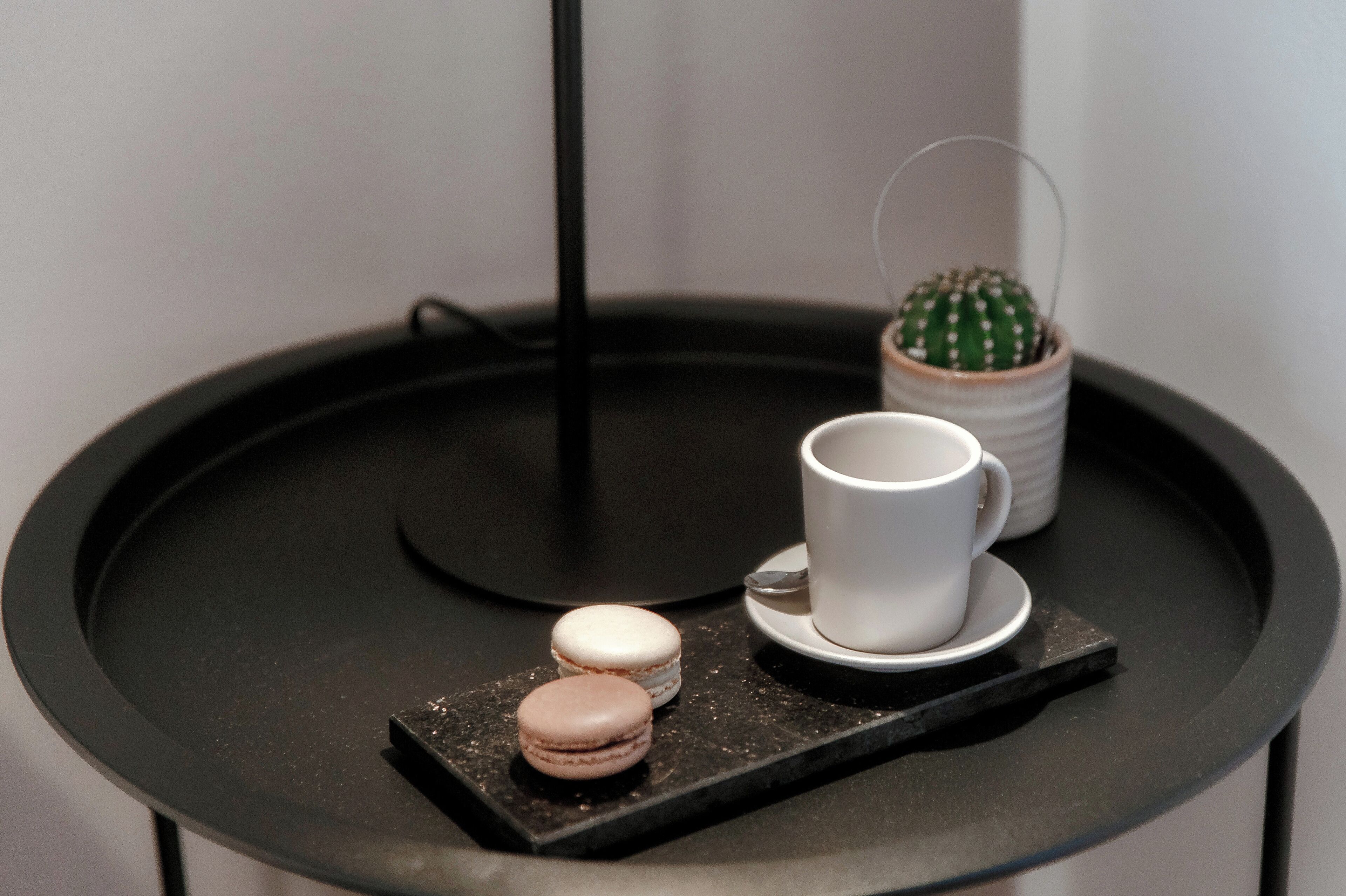 Tarjotin, jossa on valkoinen kuppi ja aluslautanen, kaksi macaron-leivosta ja pieni kaktus.