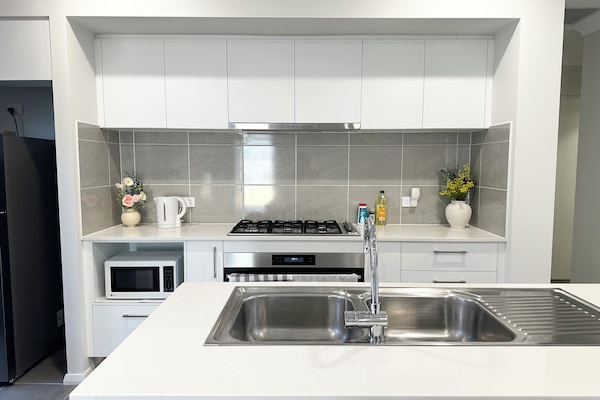 Fully equipped modern kitchen with stainless steel appliances.