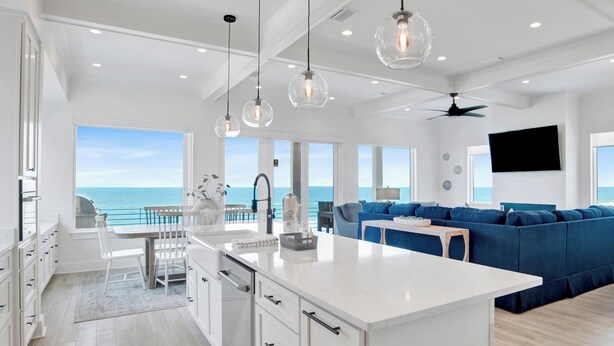 A modern kitchen with a large island, white cabinetry, and pendant lighting. - Viviana #12 | Luxury Gulf Front Home, Private Pool + Incredible Views! (Pensacola)