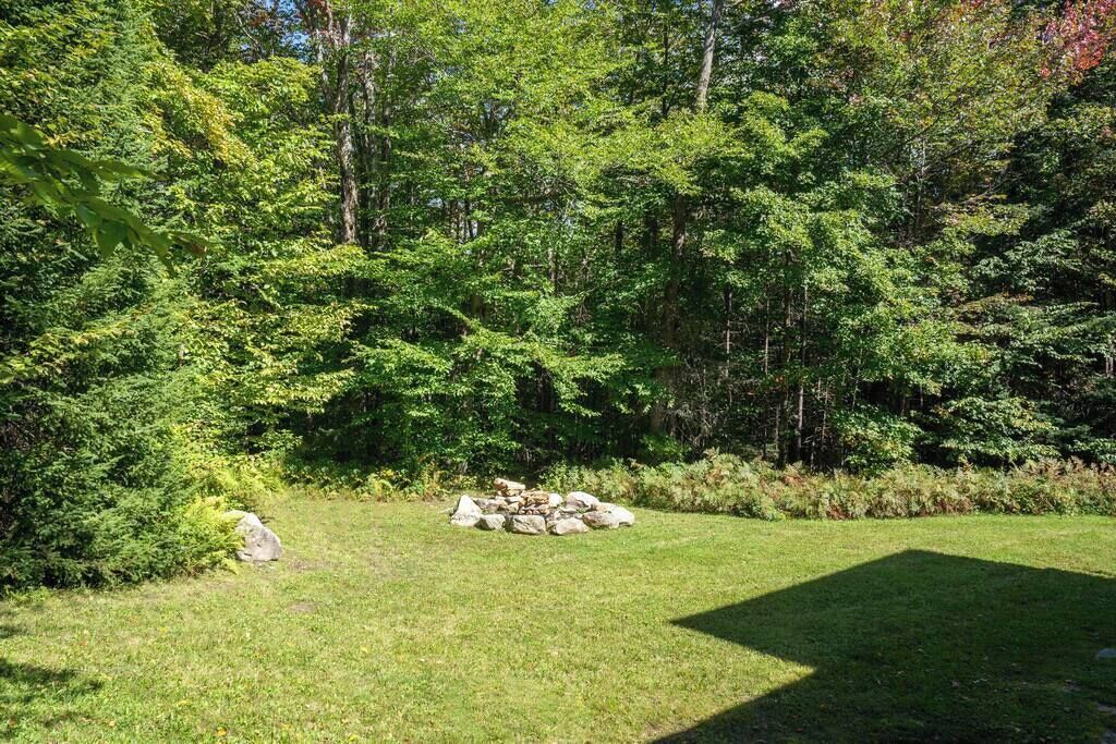 Eine grasbewachsene Fläche mit einem Steinhaufen und dichtem Wald im Hintergrund.