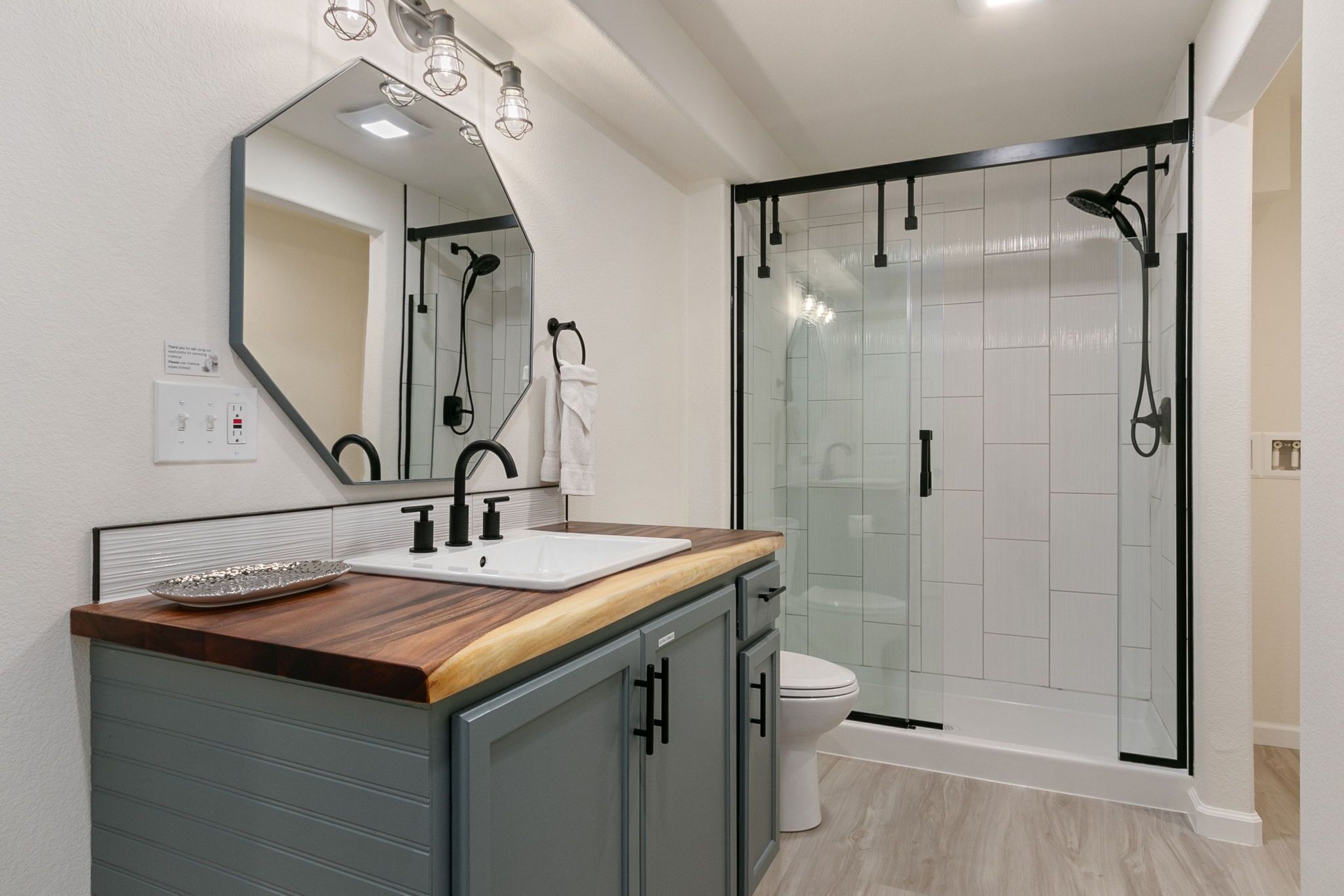 Hair dryer, towels, soap, shampoo
