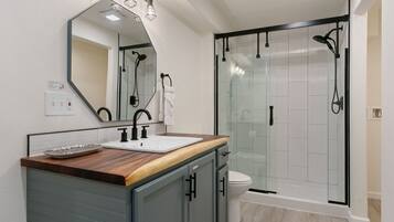 Hair dryer, towels, soap, shampoo