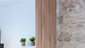 Eine Küche mit Steinwand, Holzlatten, einem schwarzen Spülbecken und Topfpflanzen.