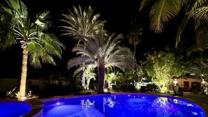 Una piscina de color azul turquesa, rodeada de palmeras y un edificio al fondo.