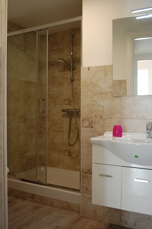 Shower, hair dryer, bidet, towels
