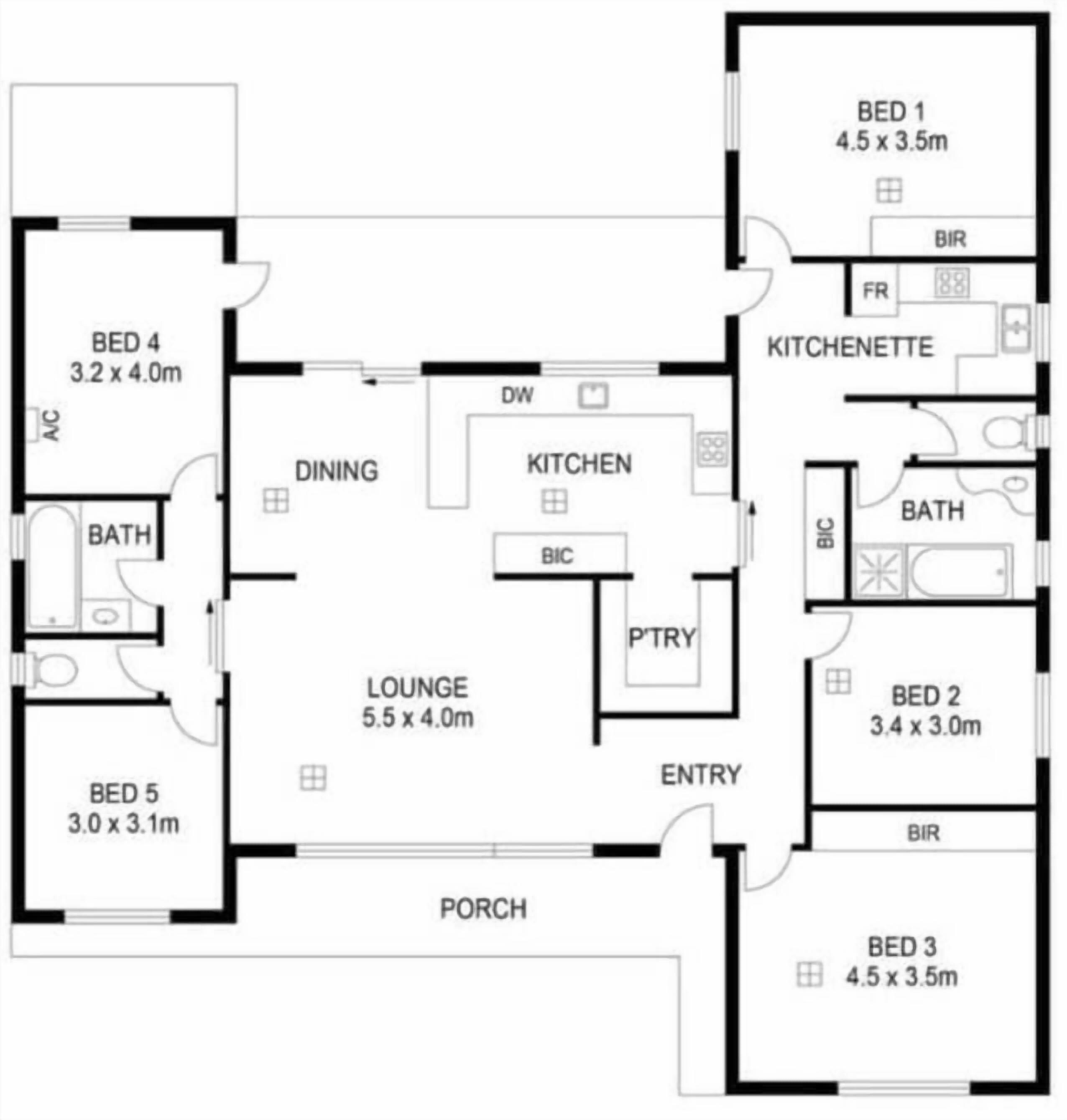 Un plan d’étage d’hôtel comprenant cinq chambres, un coin repas, une kitchenette, un salon et une entrée.
