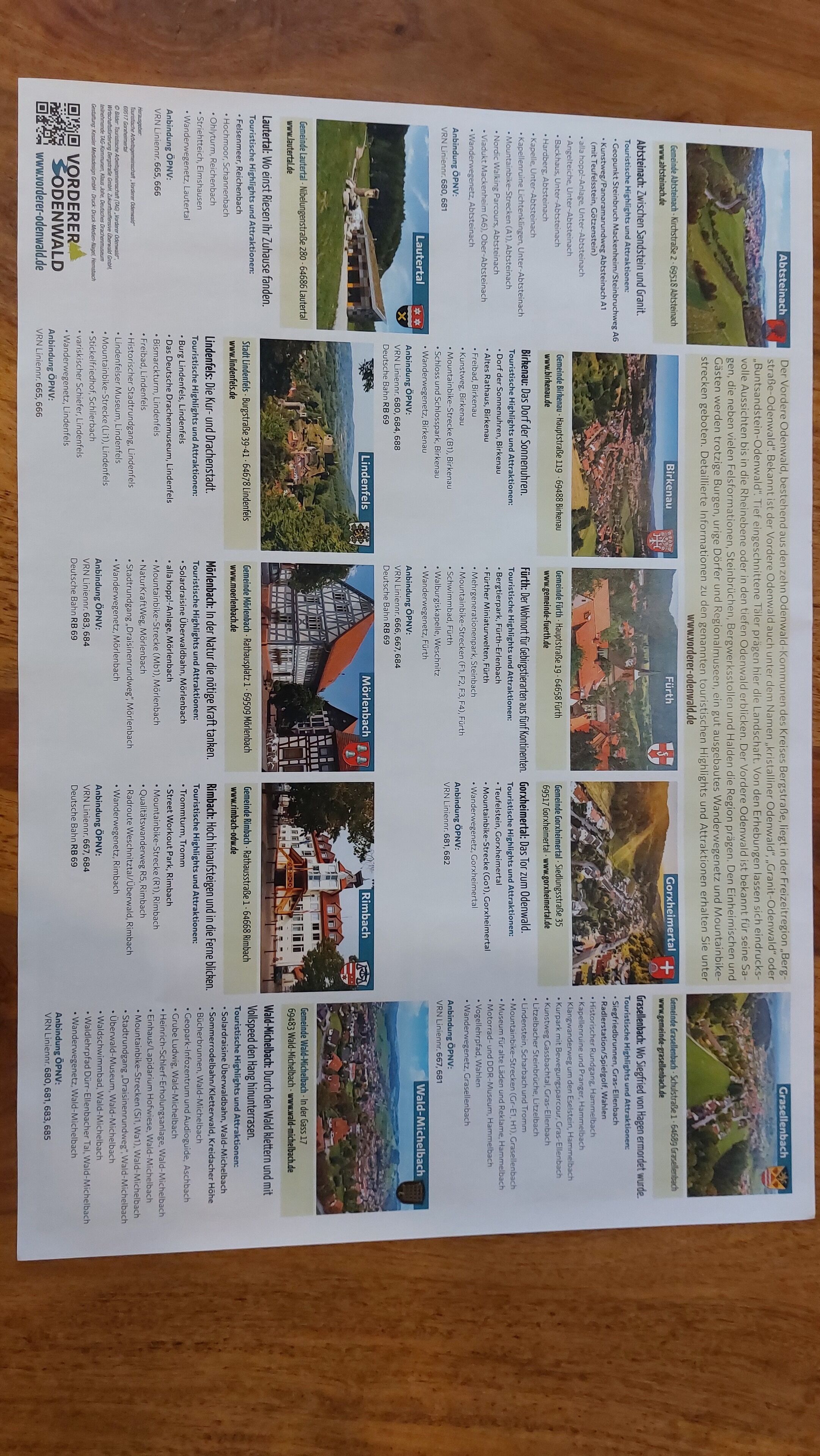 A brochure with various sections including 'Lindenerhof', 'Möhrenbach', 'Rimbach', 'Wald-Michelbach', and 'Birkenau'. Each section contains a photo, name, and brief description of the location.