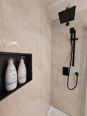 Shower, hair dryer, towels, soap