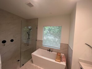 Shower, hair dryer, towels, soap