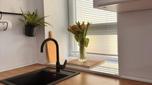 Een moderne keuken met een zwarte spoelbak, een houten stoel, potplanten en een bloevas bij een raam.