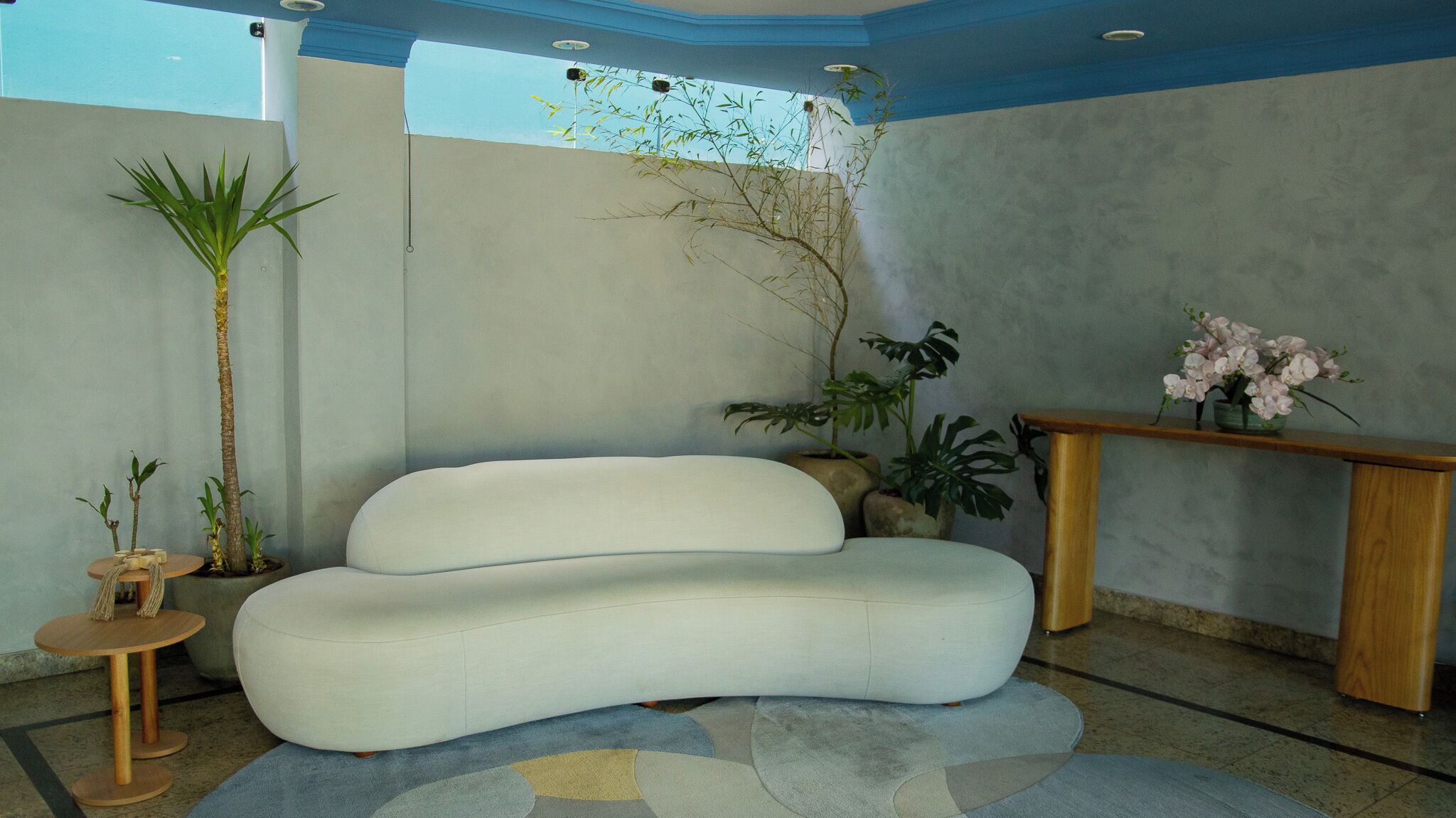 Ein modernes Zimmer mit einem weißen Sofa, einem kleinen Holztisch und verschiedenen Pflanzen.