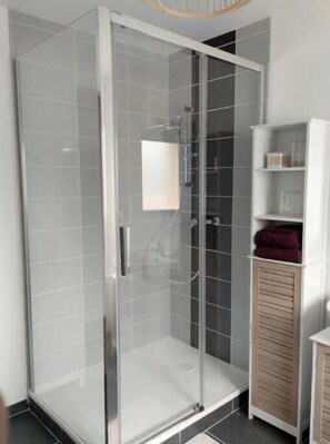 Shower, hair dryer, towels