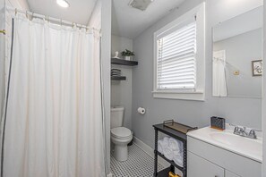 Hair dryer, towels, soap, shampoo