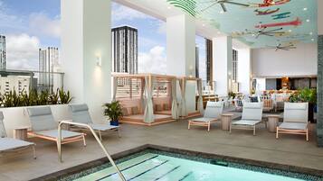 Outdoor pool, free pool cabanas, pool umbrellas