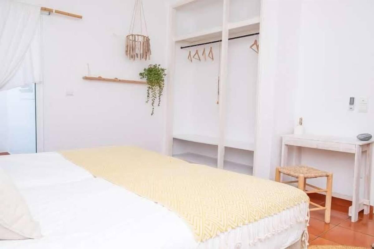 A bedroom with a bed, a desk, and a hanging plant.