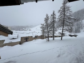 A snowy landscape with a building and trees.