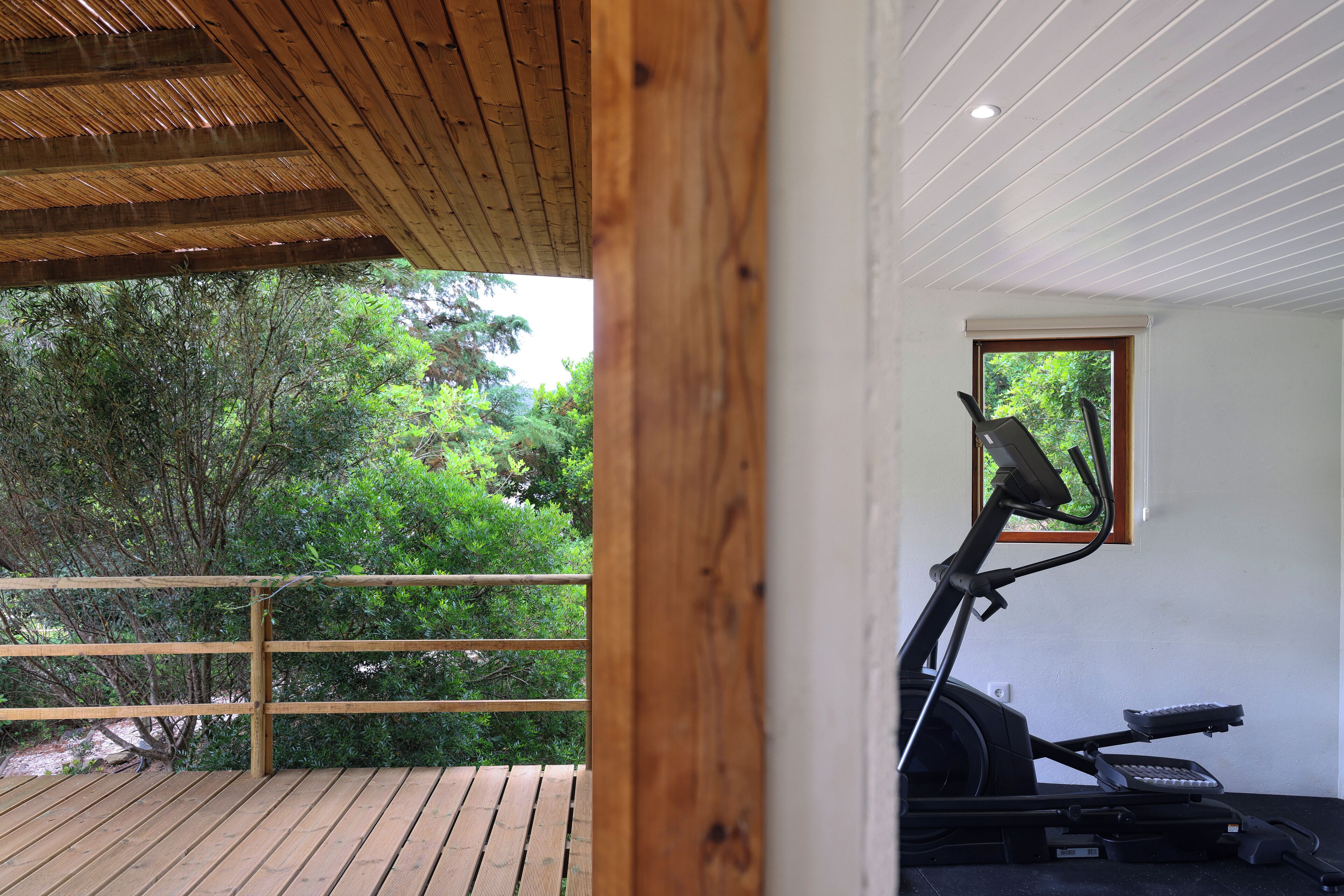 A wooden deck with a treadmill in a room with a window overlooking greenery.