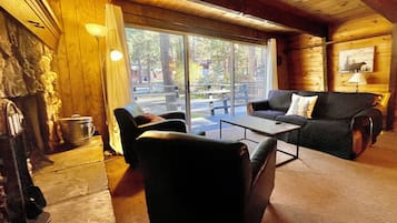 Smart TV, fireplace, books