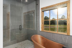 Shower, hair dryer, bidet, towels
