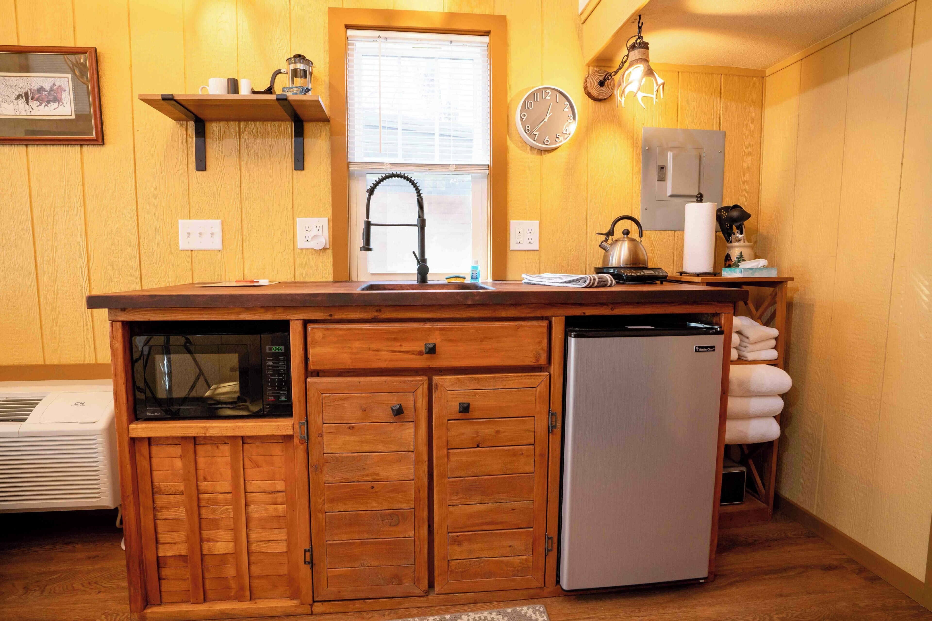 Fridge, microwave, stovetop, electric kettle