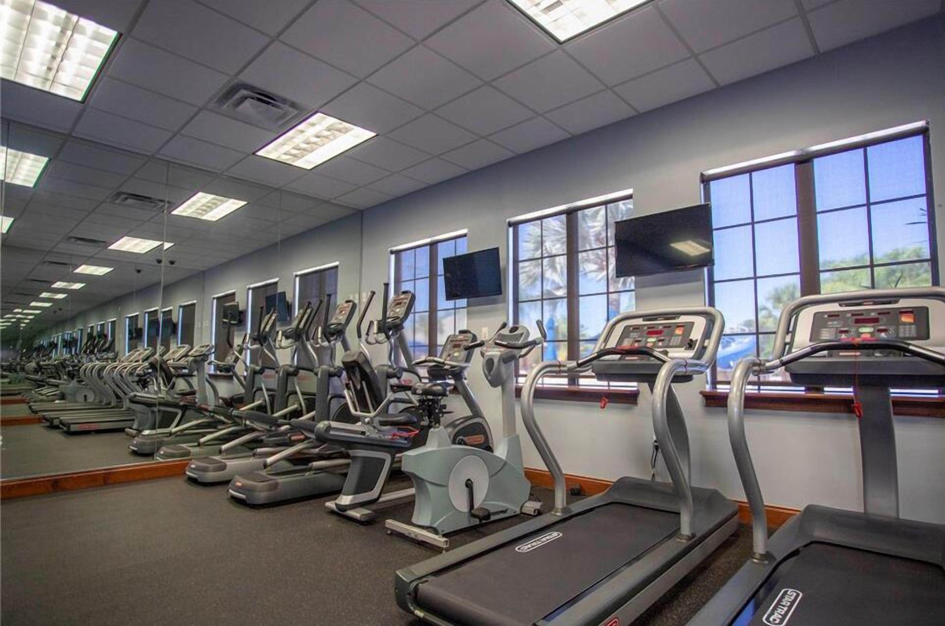 Une salle de sport équipée de plusieurs tapis de course et de plusieurs appareils elliptiques, dotée de grandes fenêtres et d’un plafond recouvert de carreaux.