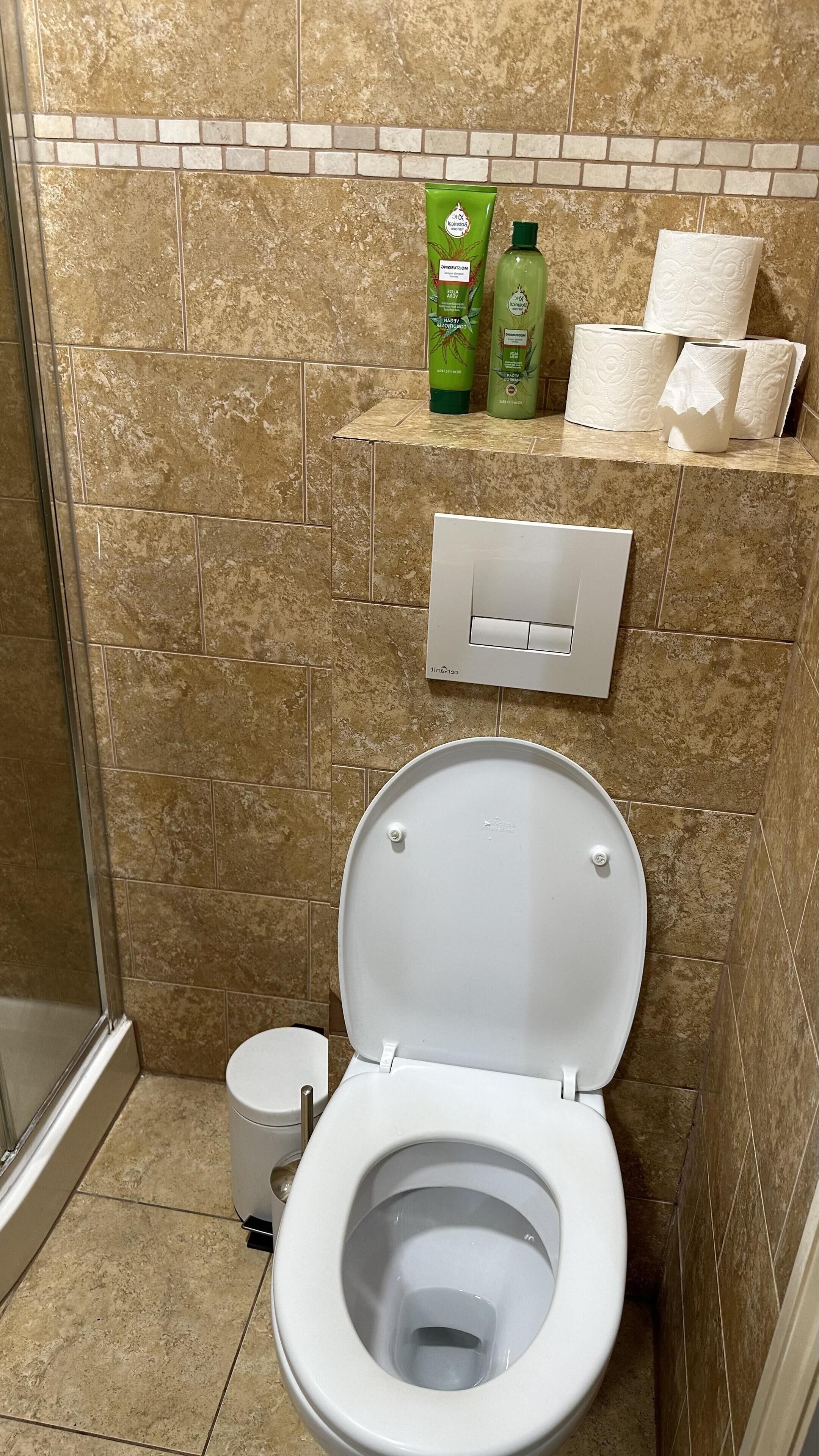 Ein Badezimmer mit Toilette, Dusche und Ablage für Pflegeprodukte.