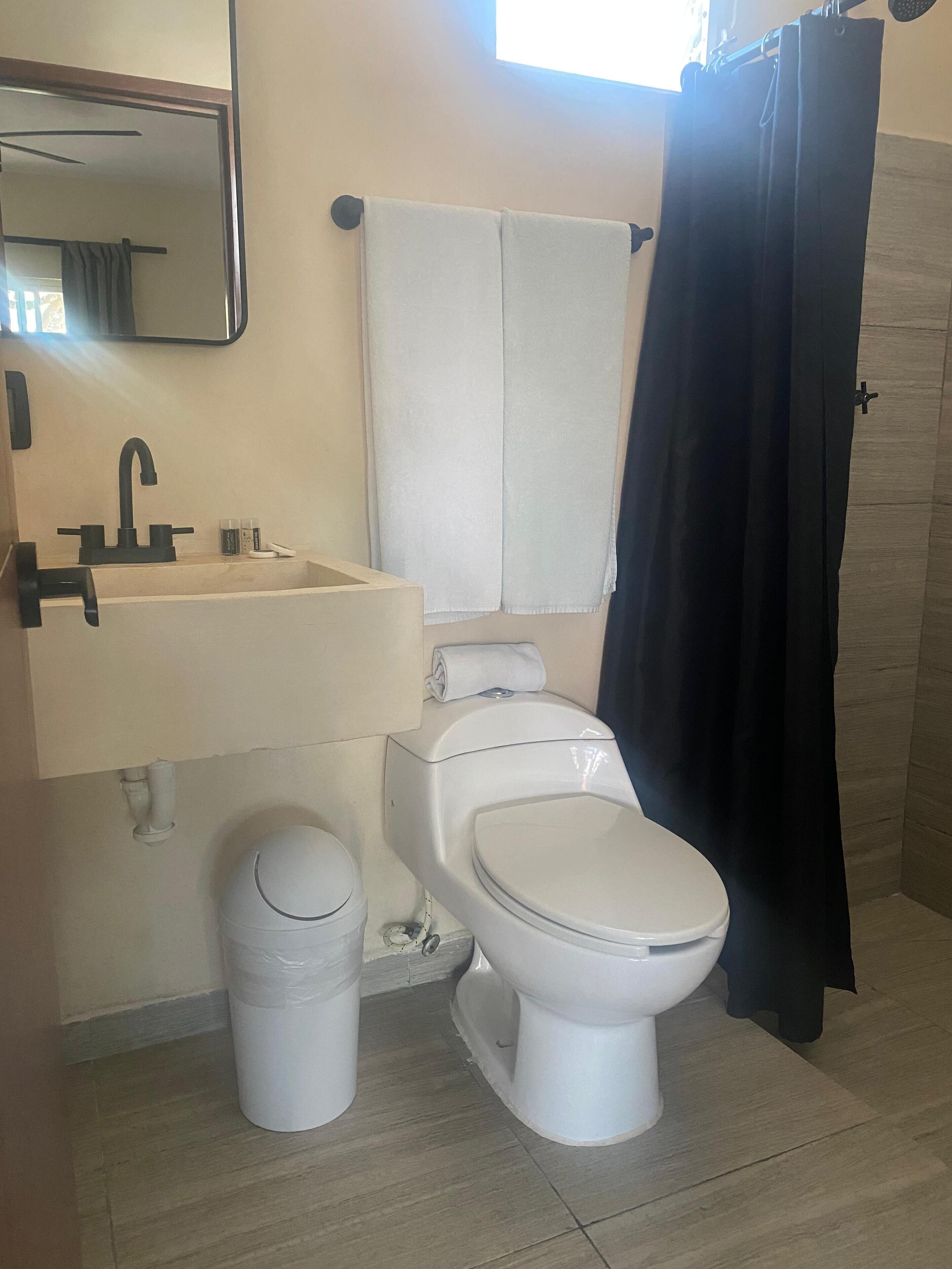 A bathroom with a toilet, sink, and mirror.