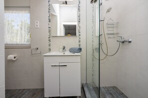 Shower, hair dryer, towels