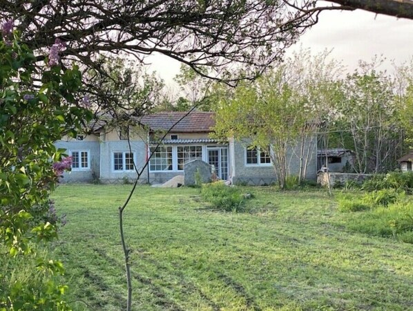 Experience a serene residential setting with a single-story house, beautifully maintained lawn, and mature trees.