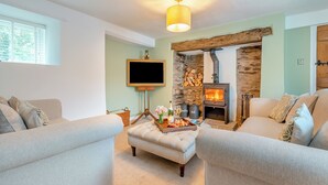 Una sala de estar acogedora con chimenea, televisor de pantalla plana y asientos cómodos.