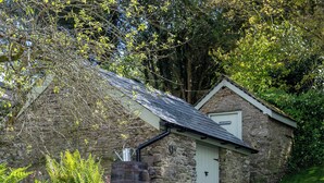 Un edificio de piedra con una puerta que dice 'LOG STORE', rodeado de follaje y plantas con flores.