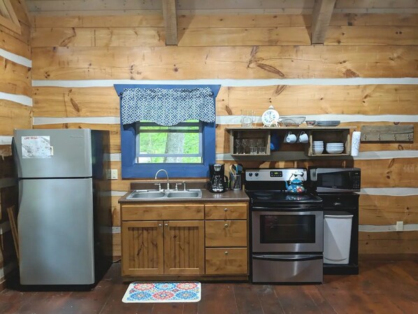 A compact kitchen with wooden walls, a sink, a refrigerator, an oven, and a microwave. - The Blue Bird Suite at Hawthorn Haven- Upper Level (Waynesville)