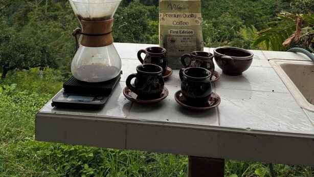 Ein Tisch mit einer Kaffeemaschine, einer Packung hochwertigen Kaffees und mehreren Tassen, vor einer Kulisse aus saftig grünen Hügeln und einem bewölkten Himmel.