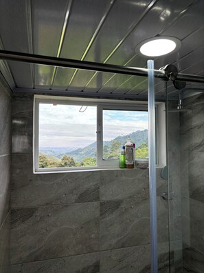 Habitación Deluxe doble | Baño | Ducha, cabezal de ducha tipo lluvia, secador de pelo y toallas