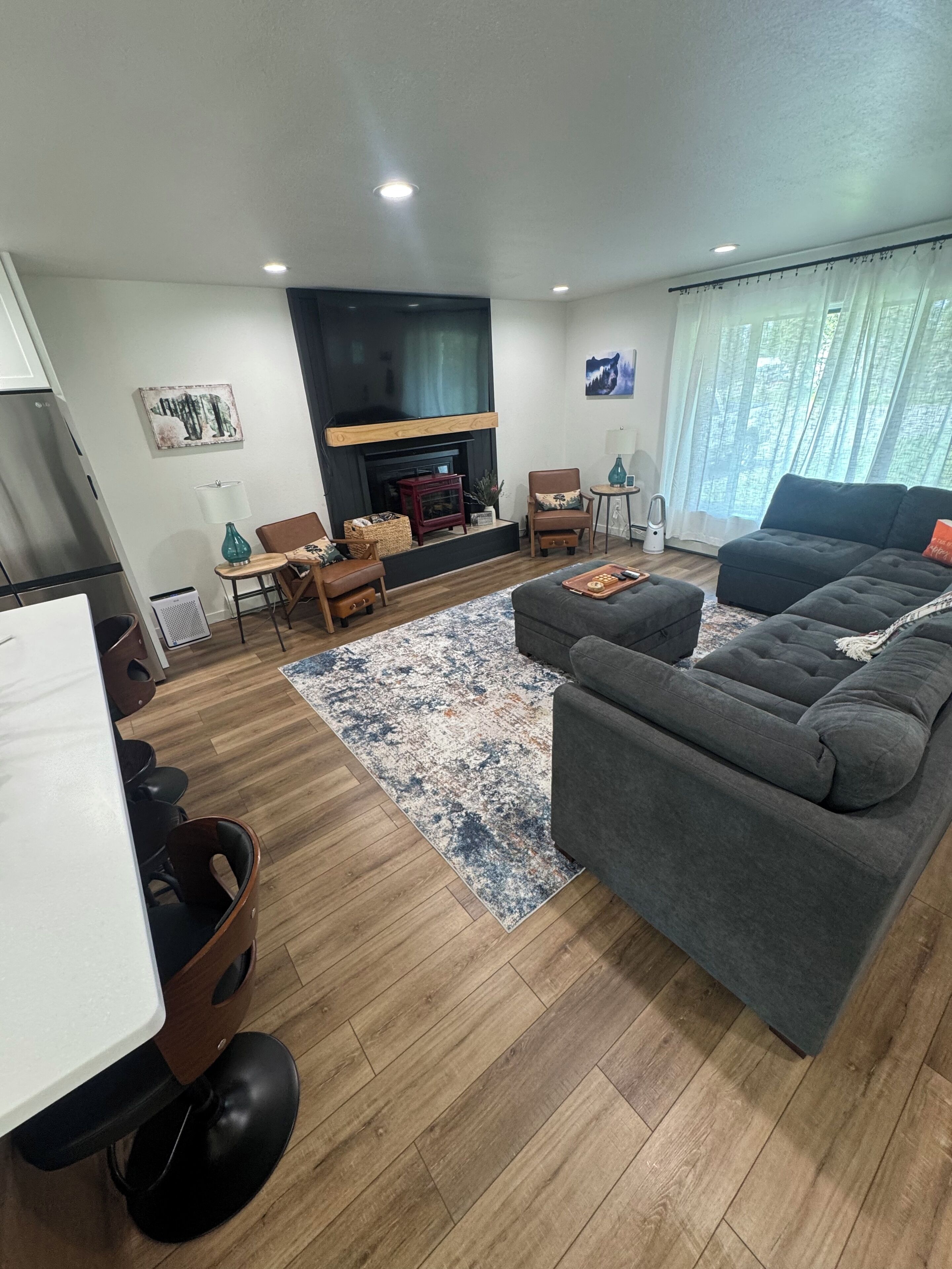 Smart TV, fireplace, books