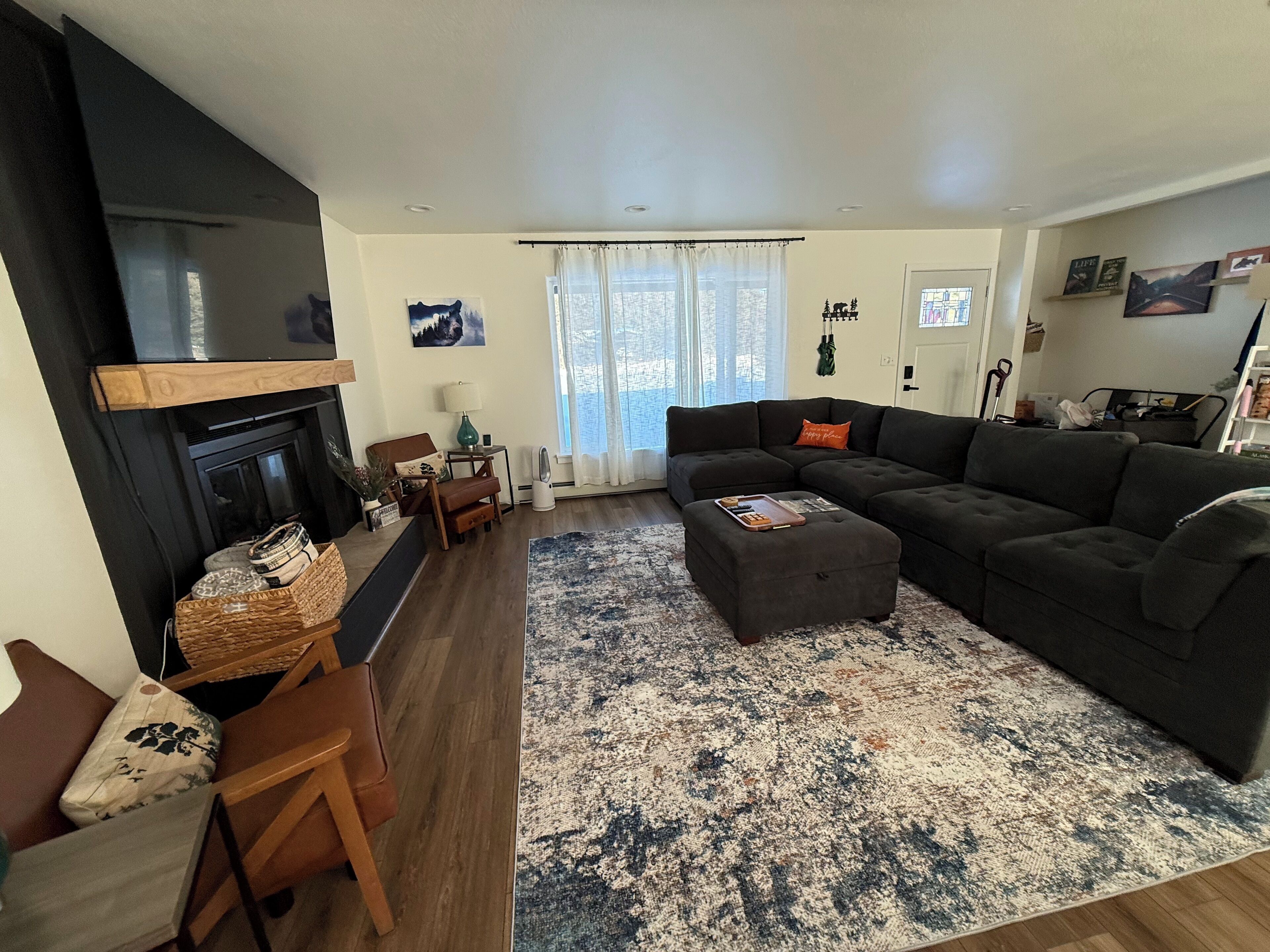 Smart TV, fireplace, books