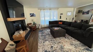 Smart TV, fireplace, books