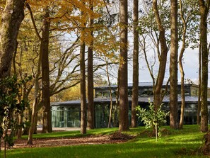 Een modern gebouw met een glazen gevel, omringd door hoge bomen.